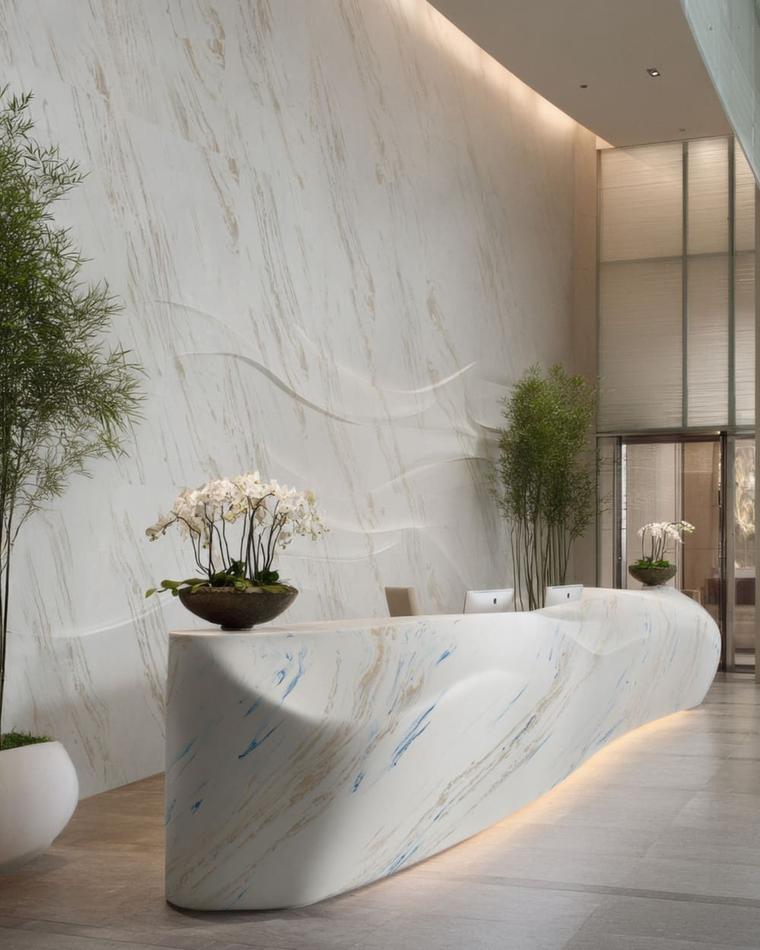 Corian Vasto Greige siena ir lenktas Vasto Laguna recepcijos stalas