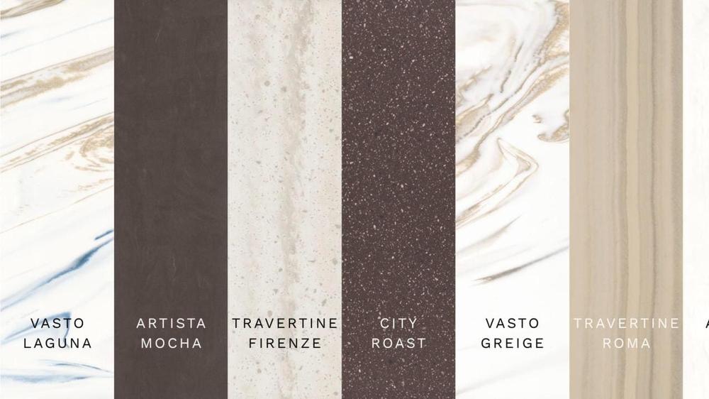 Septynios naujos 2026 m. Corian spalvos – Vasto Laguna, Artista Mocha, Travertine Firenze, City Roast, Vasto Greige, Travertine Roma ir Artista Drift