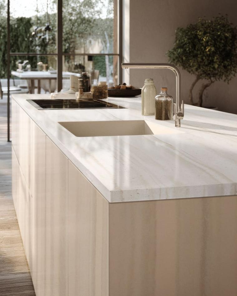 Virtuvės sala su Corian Travertine Roma stalviršiu ir įlieta plautuve